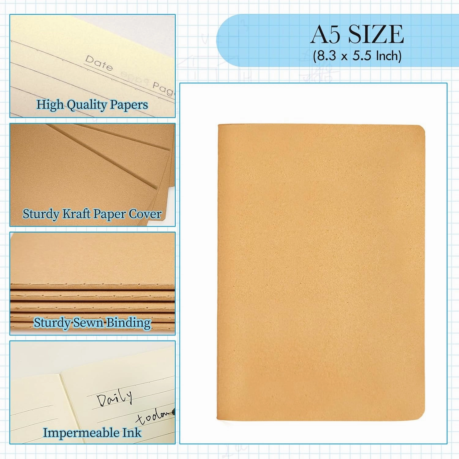 100 Pack Notebooks Bulk, Journaling Kraft Notebooks 5.5 x 8.3 A5 Softcover Notebook for Travelers Students Office Writing Sketch Travel Journal Notepad with 72 Pages 36 Sheets(Brown-Lined)