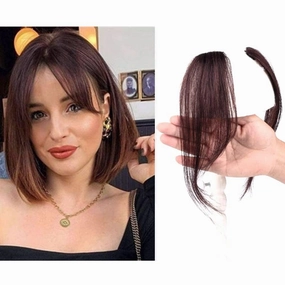 10Inch 2pcs Layeder Remy Hair Long Bangs Side Bangs False Bangs Clip-In Bangs Human Hair Extension Middle Part Fringe Hair Pieces Fake Fringe Invisible Bangs for Women Dark Brown