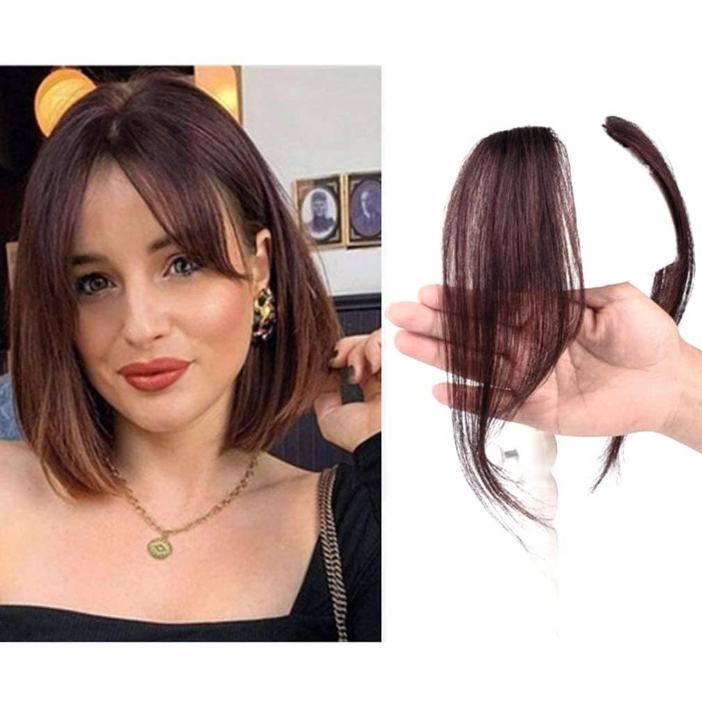 10Inch 2pcs Layeder Remy Hair Long Bangs Side Bangs False Bangs Clip-In Bangs Human Hair Extension Middle Part Fringe Hair Pieces Fake Fringe Invisible Bangs for Women Dark Brown