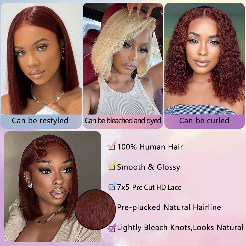 10Inch Wear and Go Glueless Reddish Brown Bob Wig Human Hair 7x5 Closure Wigs Human Hair Pre Plucked Pre Cut 200% Density Short Bob Wigs for Black Women Glueless Bob Wig