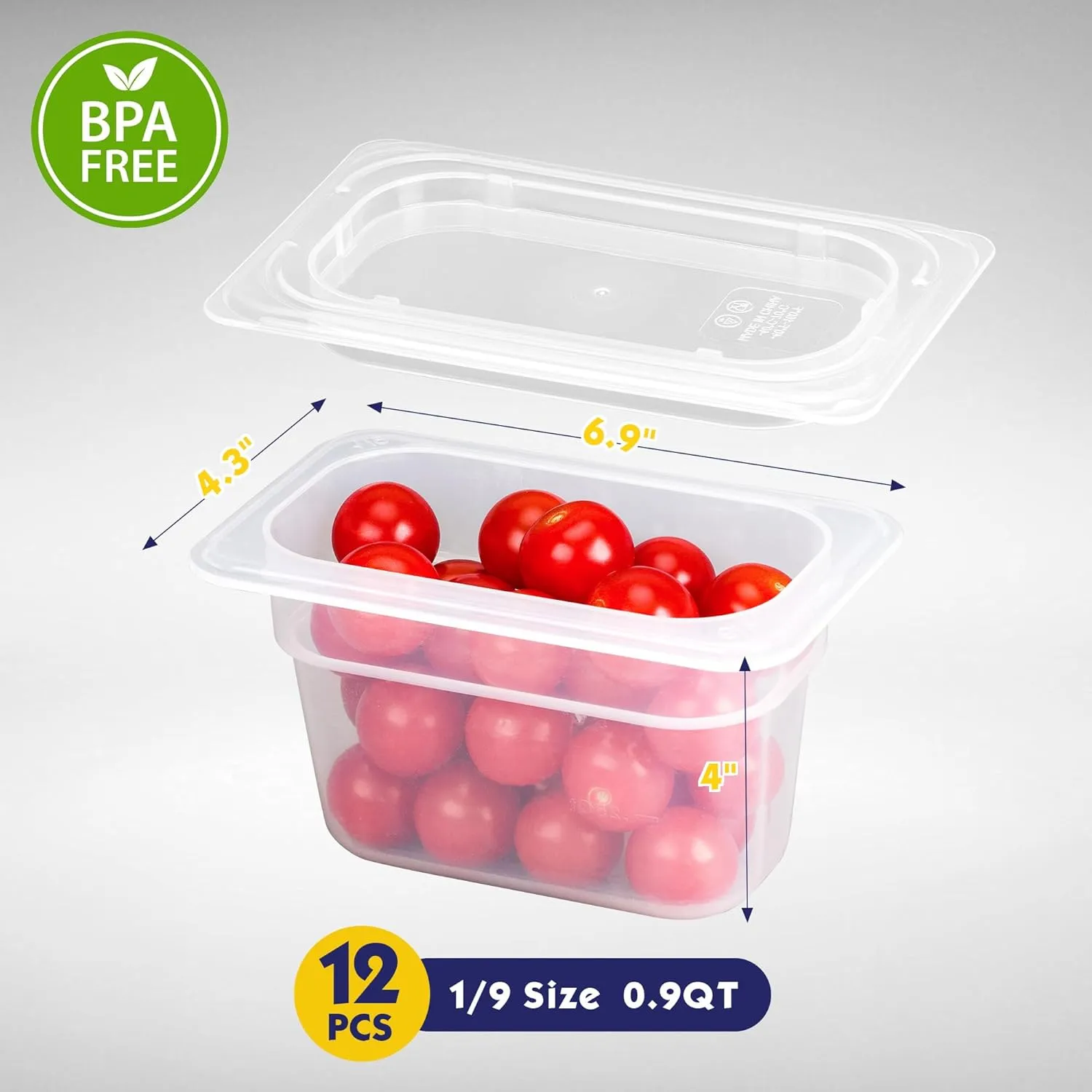 12 Pack Plastic Food Pans with Lids, 1/9 Size 4'' Deep, Translucent, Commercial, BPA-free, Stackable Storage for Restaurants, Buffets