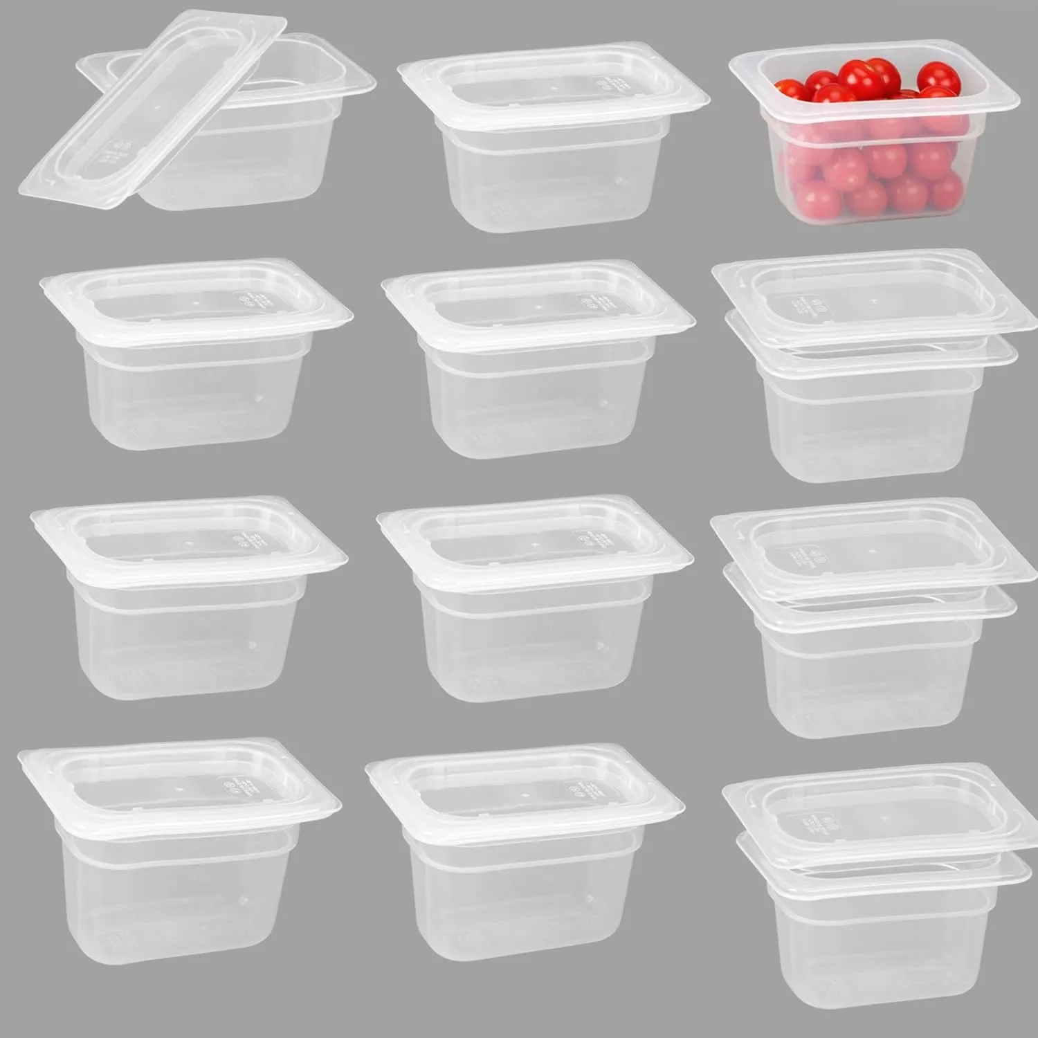12 Pack Plastic Food Pans with Lids, 1/9 Size 4'' Deep, Translucent, Commercial, BPA-free, Stackable Storage for Restaurants, Buffets