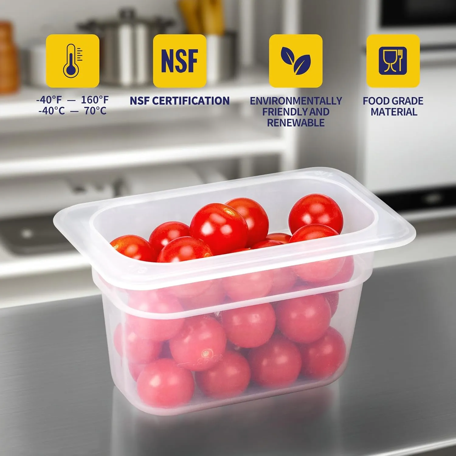 12 Pack Plastic Food Pans with Lids, 1/9 Size 4'' Deep, Translucent, Commercial, BPA-free, Stackable Storage for Restaurants, Buffets