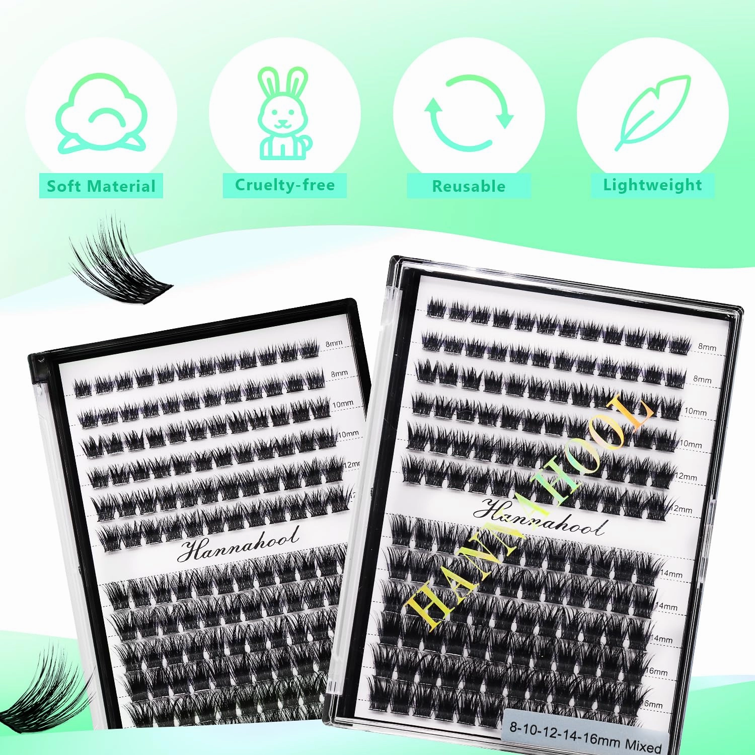 12rows-Large Tray Mixed 8-10-12-14-16mm/Mixed 14-15-16mm/Mixed14mm-16mm/Mixed 18-20mm Wide Stem Individual False Eyelashes Dramatic Black Cluster Eyelashes (Lashes Kit-8-10-12-14-16MM)