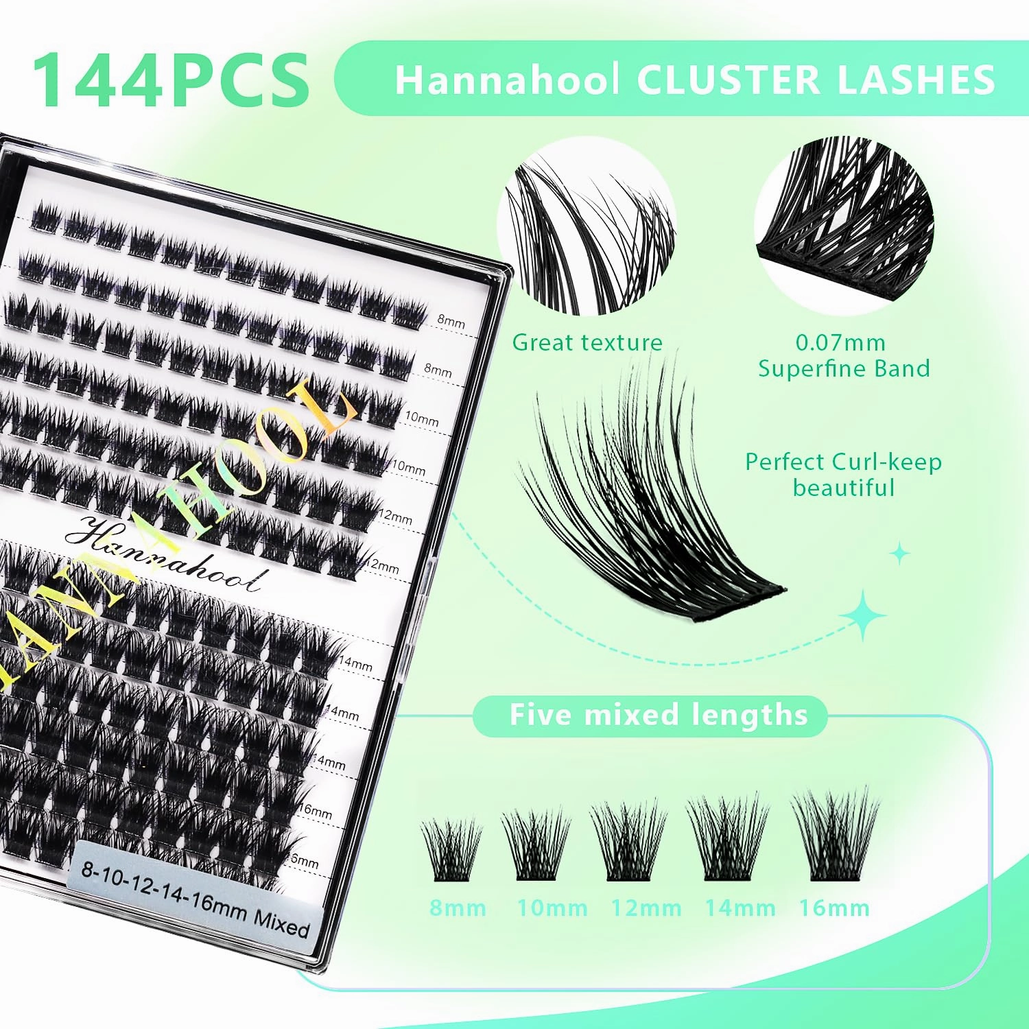12rows-Large Tray Mixed 8-10-12-14-16mm/Mixed 14-15-16mm/Mixed14mm-16mm/Mixed 18-20mm Wide Stem Individual False Eyelashes Dramatic Black Cluster Eyelashes (Lashes Kit-8-10-12-14-16MM)