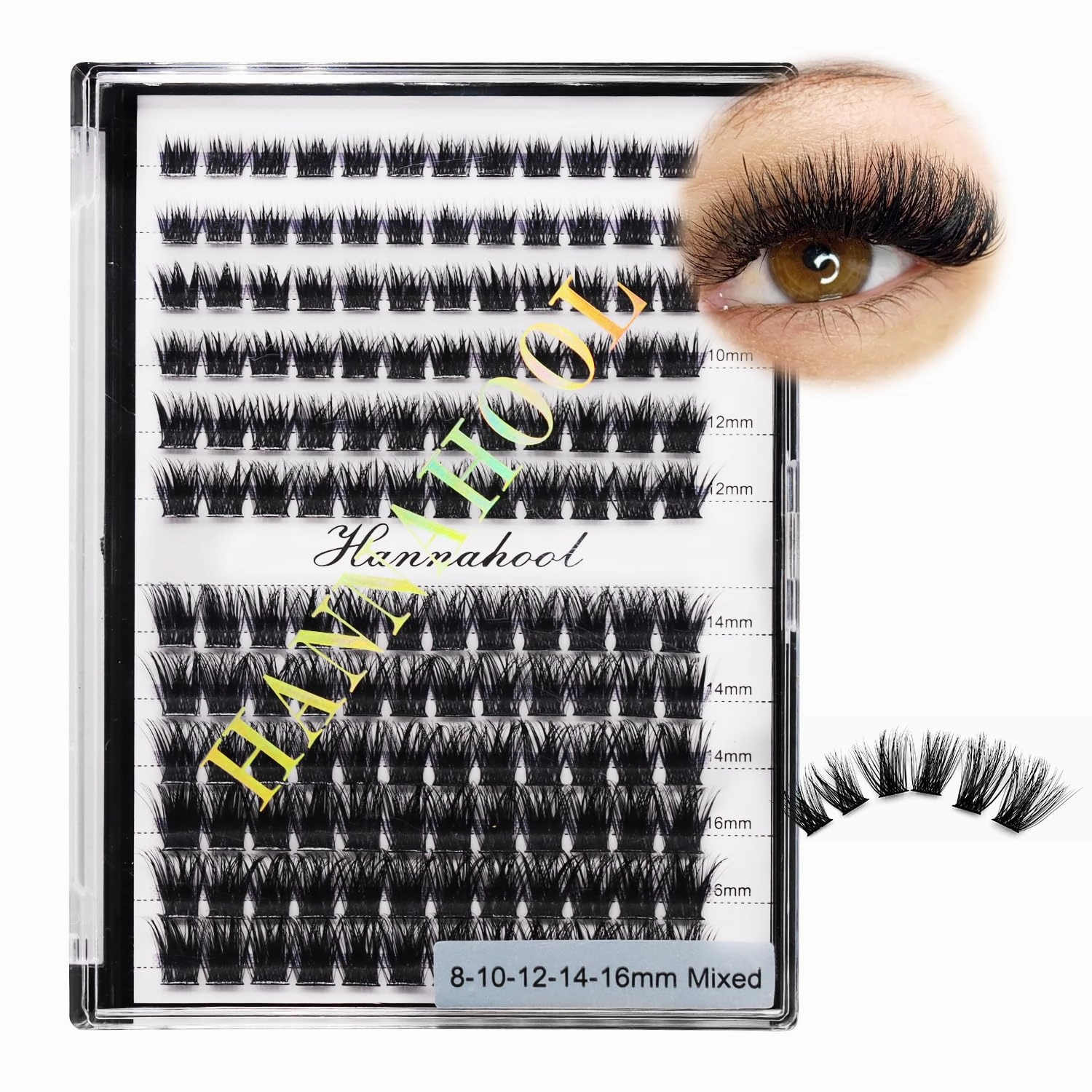 12rows-Large Tray Mixed 8-10-12-14-16mm/Mixed 14-15-16mm/Mixed14mm-16mm/Mixed 18-20mm Wide Stem Individual False Eyelashes Dramatic Black Cluster Eyelashes (Lashes Kit-8-10-12-14-16MM)