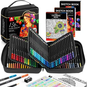 136 PCS Colored Pencils Set for Adult Coloring Books, 120 Colored Pencils with Sketchbook, Coloring Book, Sharpener, Soft Core Sketching Drawing Pencils, Art Supplies for Adults Artists (Black)