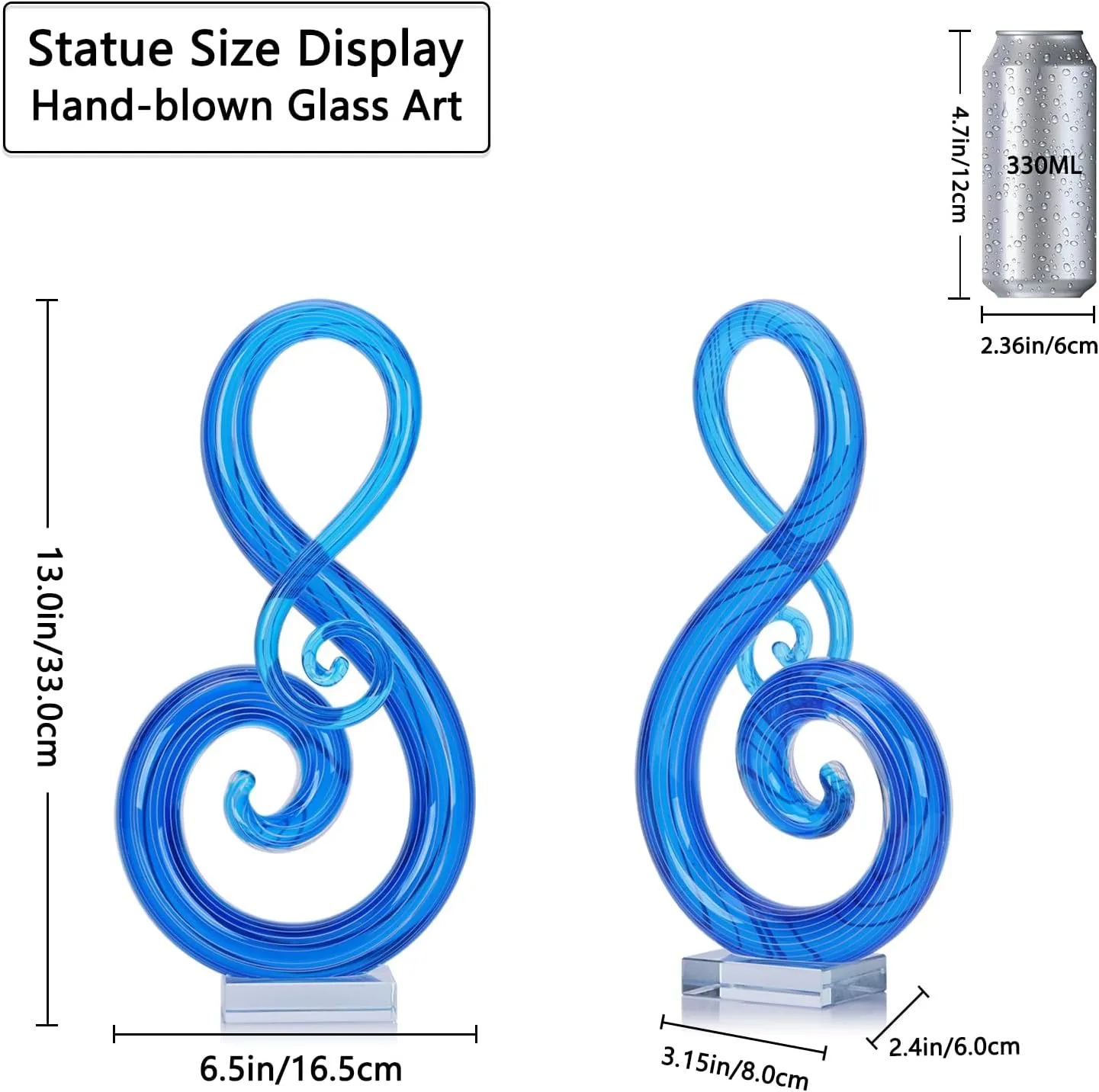 13" H Large Murano Glass Sculpture Blue Hand Blown Glass Figurines Art Music Decor, Modern Blue Glass Decor Crystals Sculpture Statue - for Luxury Home Living Room Office Console Table Decor