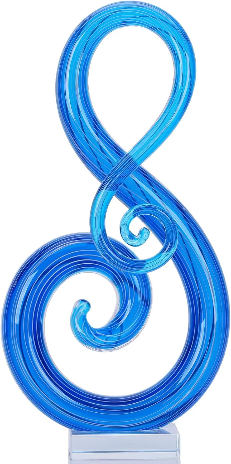 13" H Large Murano Glass Sculpture Blue Hand Blown Glass Figurines Art Music Decor, Modern Blue Glass Decor Crystals Sculpture Statue - for Luxury Home Living Room Office Console Table Decor