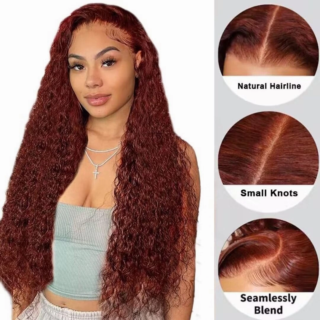13x6 Bob Wig Human Hair Reddish Brown Water Wave HD Lace Front Wigs Human Hair Pre Plucked 180% Density Glueless Frontal Wigs Human Hair Bleached Knots Color #35 Short Curly Bob Wigs for Women 12 Inch