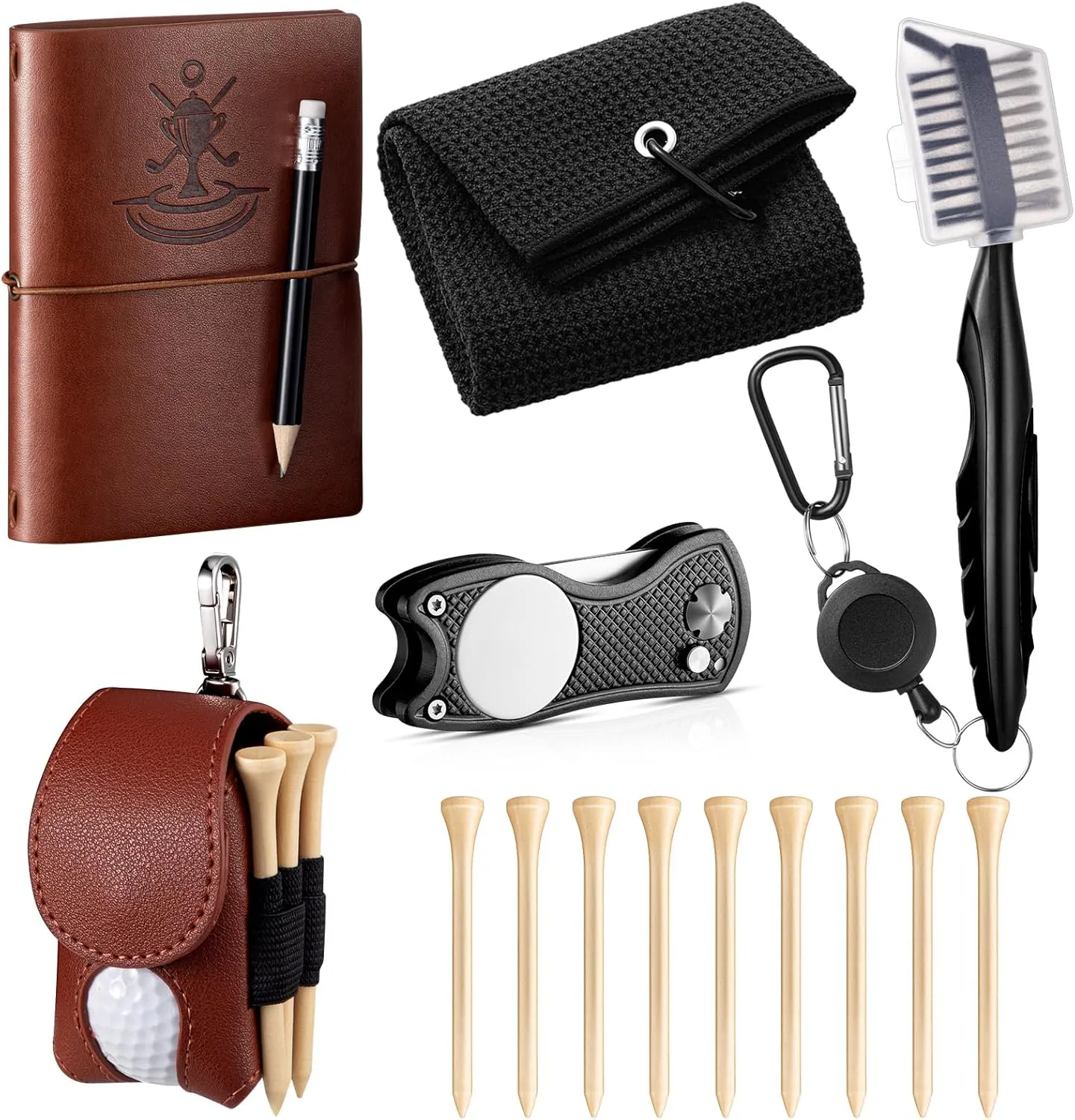 14 Pcs Golf Accessories Gifts for Men, Include Golf Tees Towel Ball Bag with Hook Book with Pencil Cleaner Brush Divot Tool with Magnetic Ball Marker for Women Man Gifts