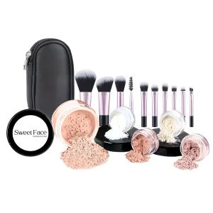 16pc STARTER KIT with 10 BRUSHES SET (LIGHT TAN) Mineral Makeup Bare Face Loose Powder Includes Matte Foundation, Veil Primer, Blush, Bronzer, Translucent Finishing Setting Powder SPF 30 Travel Size