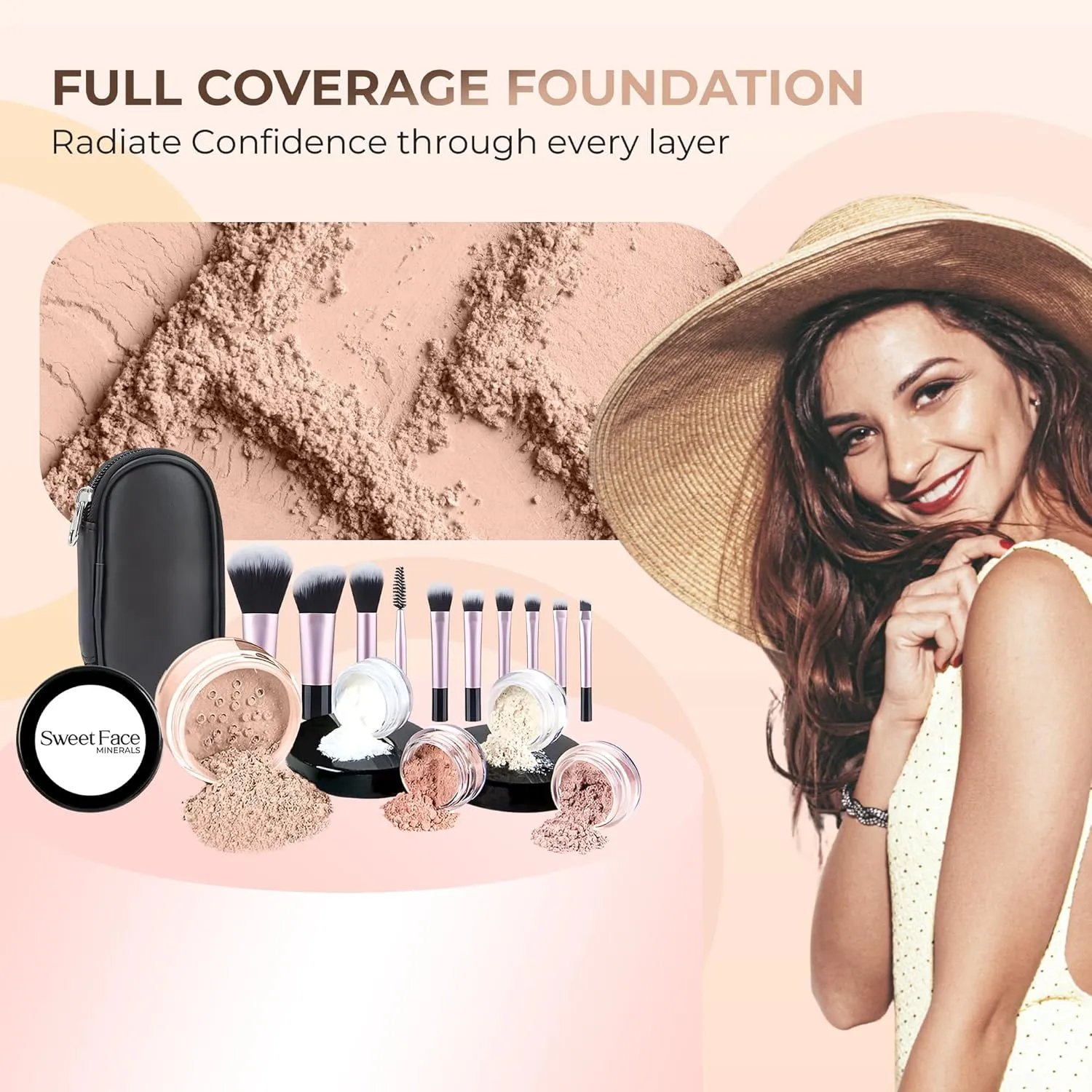 16pc STARTER KIT with 10 BRUSHES SET (LIGHT TAN) Mineral Makeup Bare Face Loose Powder Includes Matte Foundation, Veil Primer, Blush, Bronzer, Translucent Finishing Setting Powder SPF 30 Travel Size