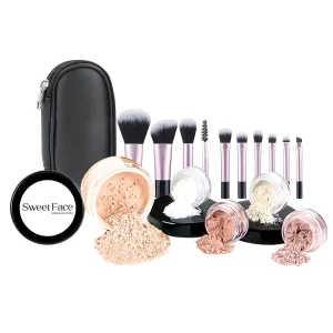 16pc STARTER KIT with 10 BRUSHES SET (PINK BISQUE) Mineral Makeup Bare Face Loose Powder Includes Matte Foundation, Veil Primer, Blush, Bronzer, Translucent Finishing Setting Powder SPF 30 Travel Size