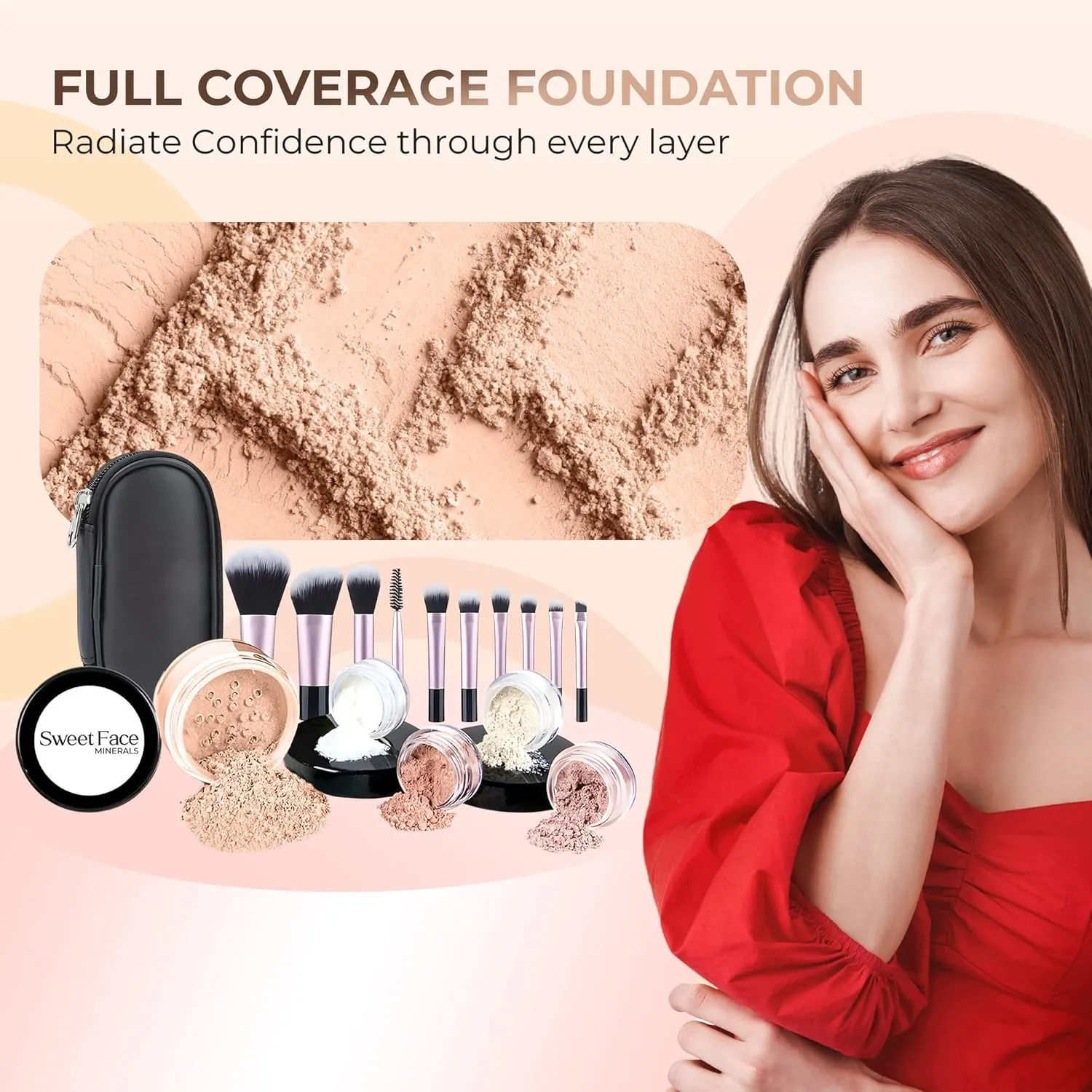 16pc STARTER KIT with 10 BRUSHES SET (PINK BISQUE) Mineral Makeup Bare Face Loose Powder Includes Matte Foundation, Veil Primer, Blush, Bronzer, Translucent Finishing Setting Powder SPF 30 Travel Size