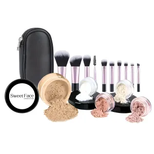 16pc STARTER KIT with 10 BRUSHES SET (WARM) Mineral Makeup Bare Face Loose Powder Includes Matte Foundation, Veil Primer, Blush, Bronzer, Translucent Finishing Setting Powder SPF 30 Travel Size