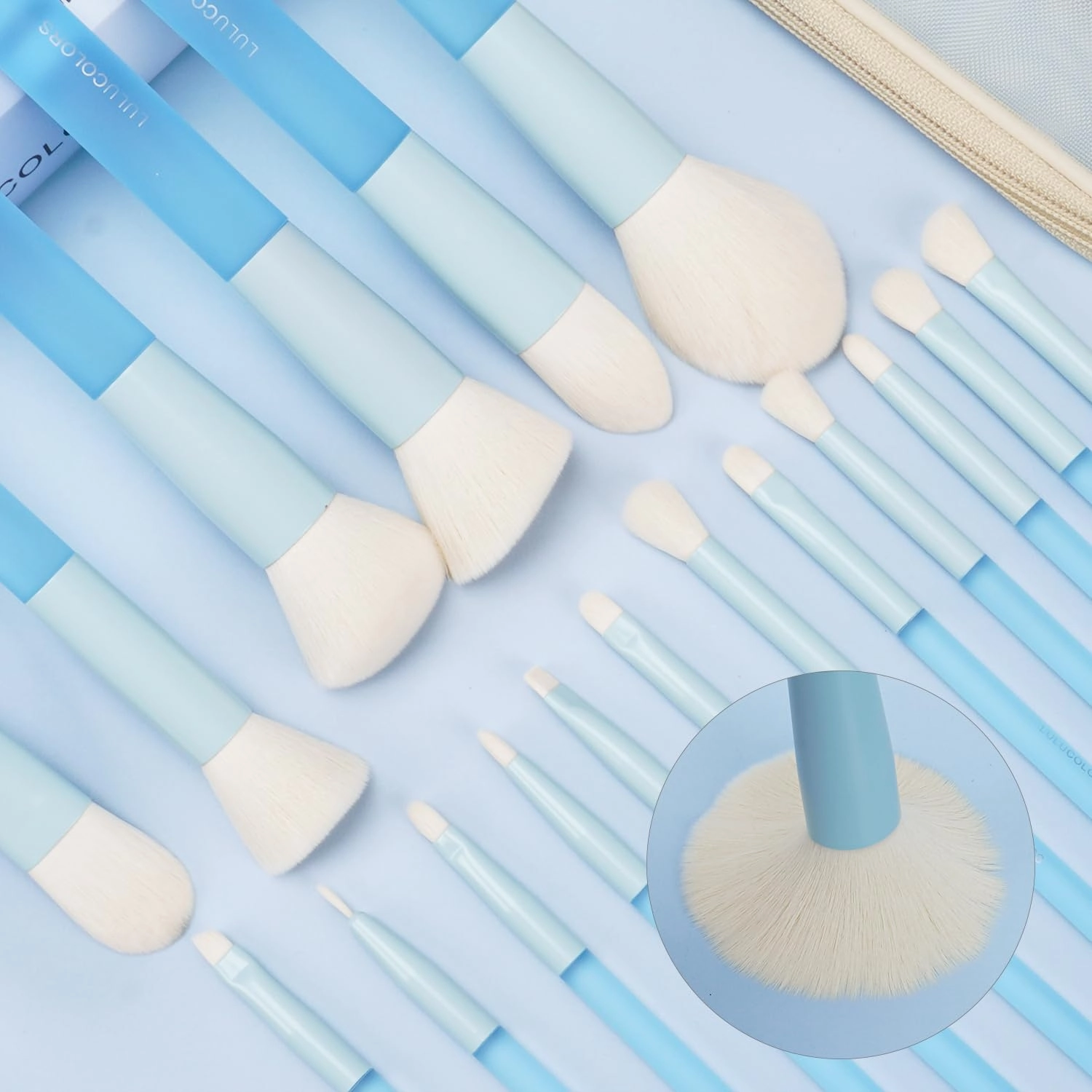 18-Piece Light Blue Professional Makeup Brush Set – Translucent Rubberized Handles, Soft Synthetic Bristles for Face & Eye Makeup – Includes Travel Bag & Sponges,Complete Brush Collection