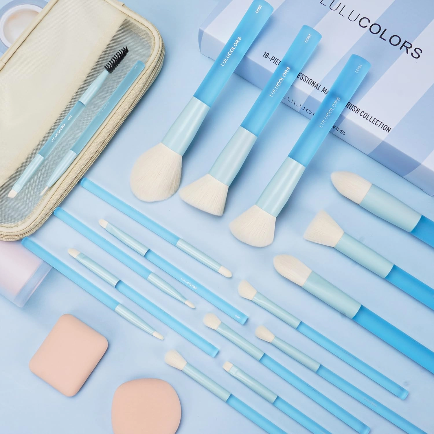 18-Piece Light Blue Professional Makeup Brush Set – Translucent Rubberized Handles, Soft Synthetic Bristles for Face & Eye Makeup – Includes Travel Bag & Sponges,Complete Brush Collection