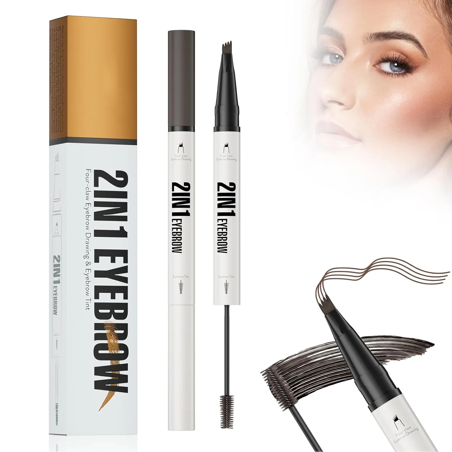 2-in-1 Eyebrow Pencil with Gel, 2025 New 3D Microblading Eyebrow Pen with 4 Tip & Eyebrow Brush, Waterproof Magic Eyebrow Pencil Makeup Long-Lasting Eyebrow Pen (Dark brown)
