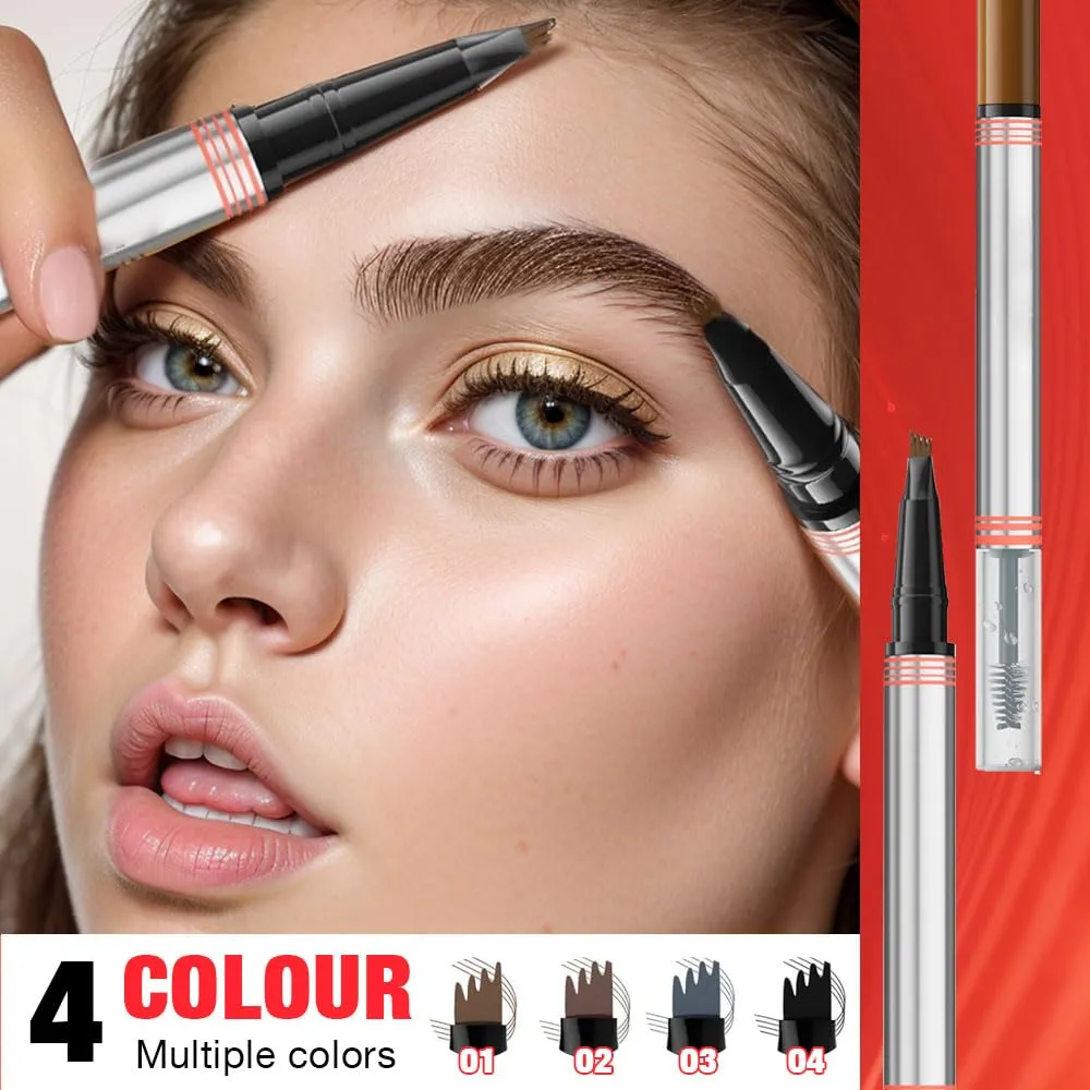 2-in-1 Eyebrow Pencil with Gel,2 PCS Waterproof Magic Eyebrow Pen,Dual-Ended 3D Microblading Eyebrow Pen with 4 Tip and Eyebrow Brush,Long-Lasting Natural Eyebrow Brush Tattoo Pencil (Dark Brown)