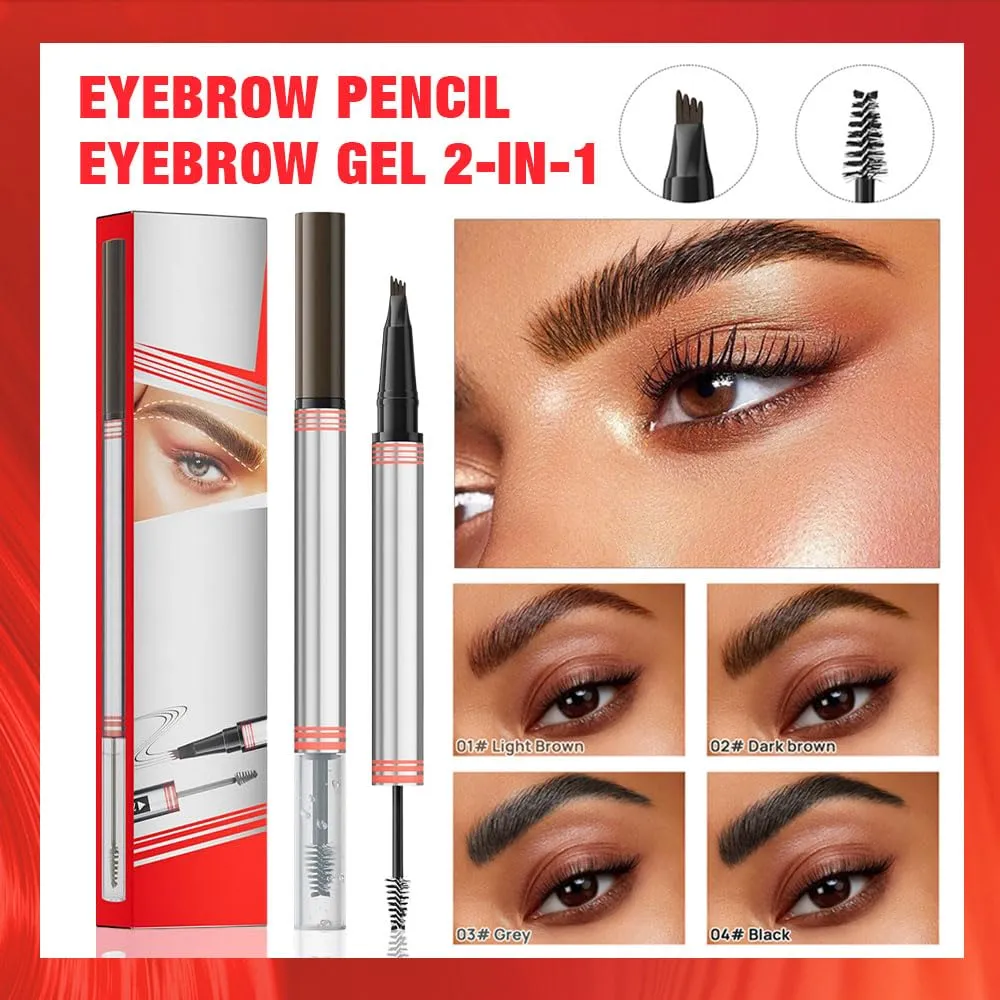 2-in-1 Eyebrow Pencil with Gel,2 PCS Waterproof Magic Eyebrow Pen,Dual-Ended 3D Microblading Eyebrow Pen with 4 Tip and Eyebrow Brush,Long-Lasting Natural Eyebrow Brush Tattoo Pencil (Dark Brown)