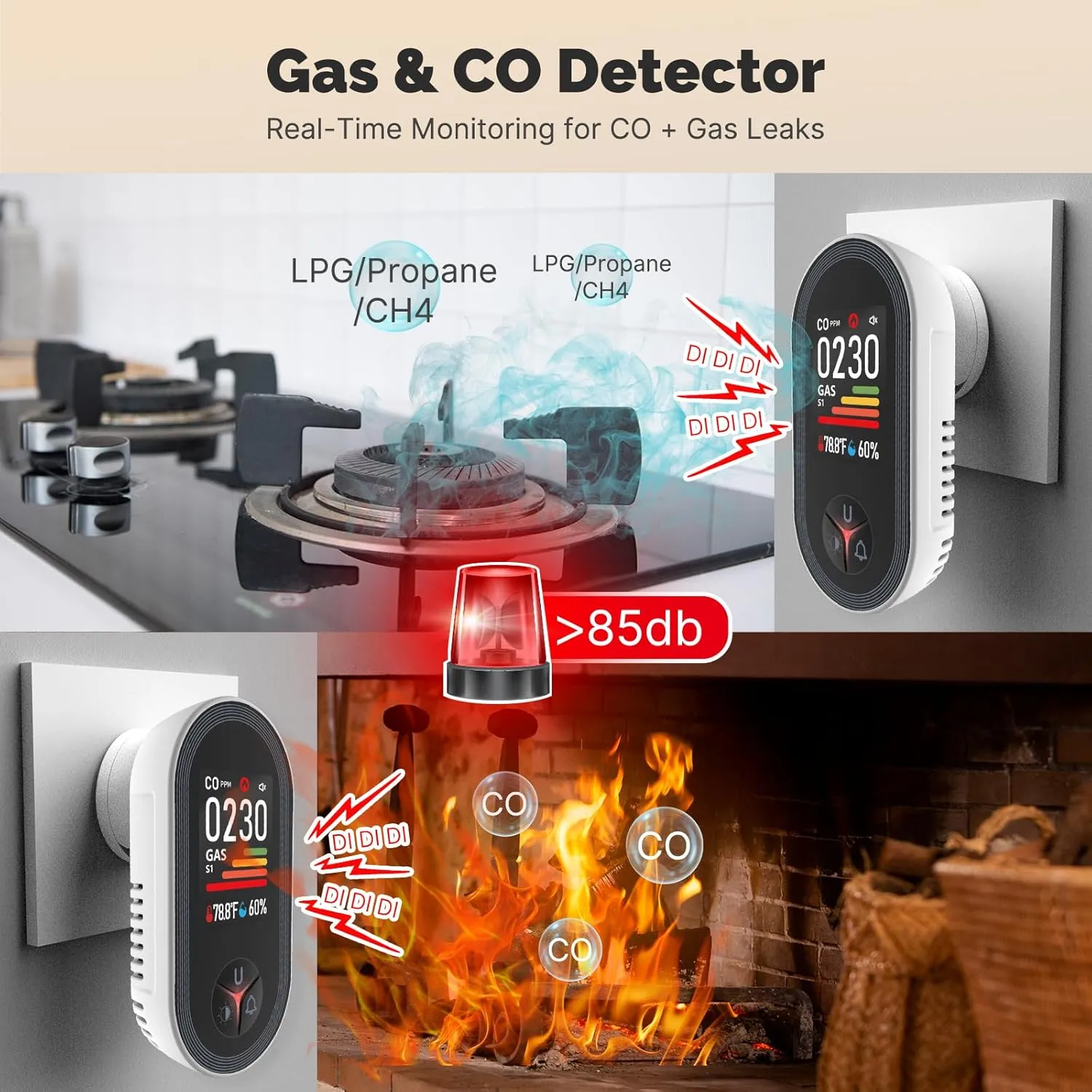 [2 Pack] 2025 New Upgraded MOES Carbon Monoxide & Natural Gas Detector Plug in, 4 in 1 Temperature Humidity Sensor Built-in, Gas & CO Monitor Alarm Sound Warning for LPG/Propane/Methane/Ethane/CO