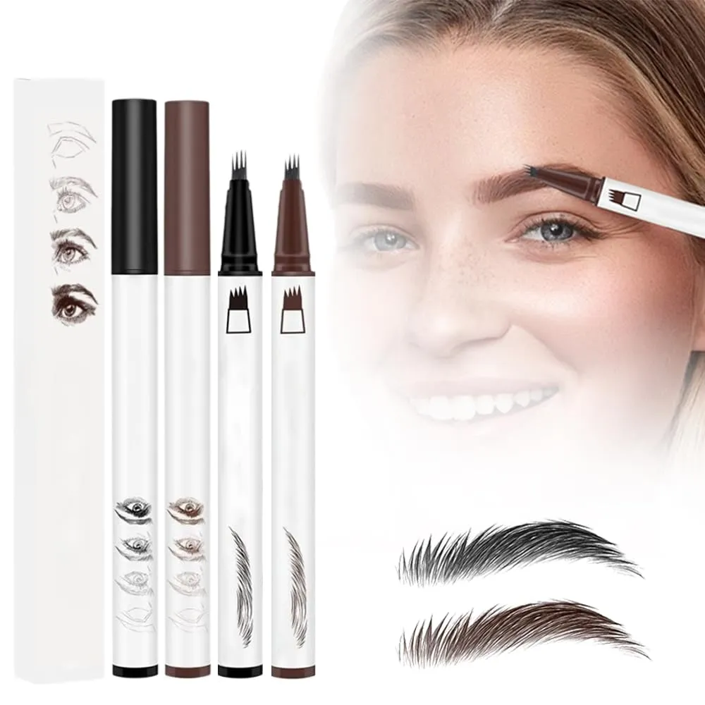 2 Pcs 3D Waterproof Magic Eyebrow Pencil, 2025 New Eyebrow Microblading Pen, Waterproof and Last All Day 4 Tip Brow Pencil with Precise Tip for Makeup Last All Day (Brown Black)