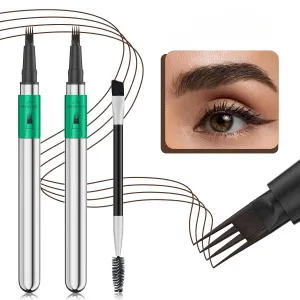 2 Pcs Microblading Eyebrow Pen Set with Eyebrow Brush, 3D Waterproof 4-Tip Precision Eyebrow Pencil, Long-Lasting Natural Fine Stroke Magic Eyebrow Pencil for Women Stay All Day (Dark Brown)