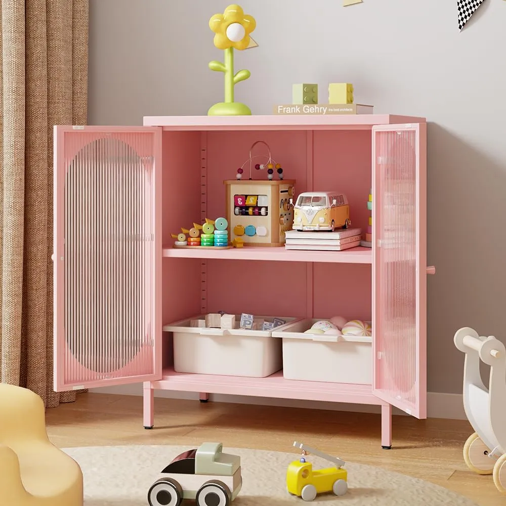 2 Translucent Door Metal Accent Storage Cabinet-Locker Cabinet for Bedroom, Bedside, Office Room,LivingRoom-Metal Storage Cabinet with 1 Adjustable Shelves(Pink)