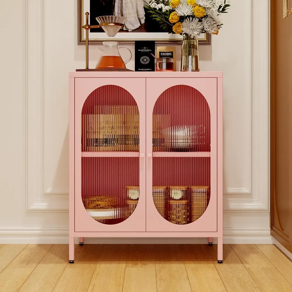 2 Translucent Door Metal Accent Storage Cabinet-Locker Cabinet for Bedroom, Bedside, Office Room,LivingRoom-Metal Storage Cabinet with 1 Adjustable Shelves(Pink)