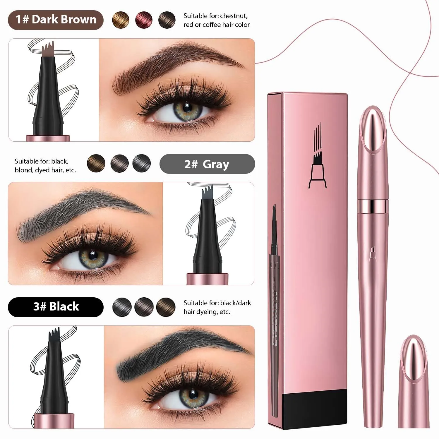 2024 New Magic Eyebrow Pencil, 3D Waterproof Microblading Eyebrow Pencil Contouring Pen, Long-Lasting Natural Fine Stroke Eyebrow Pencil with 4 Micro-Fork Tip for women Makeup (2, Gray)