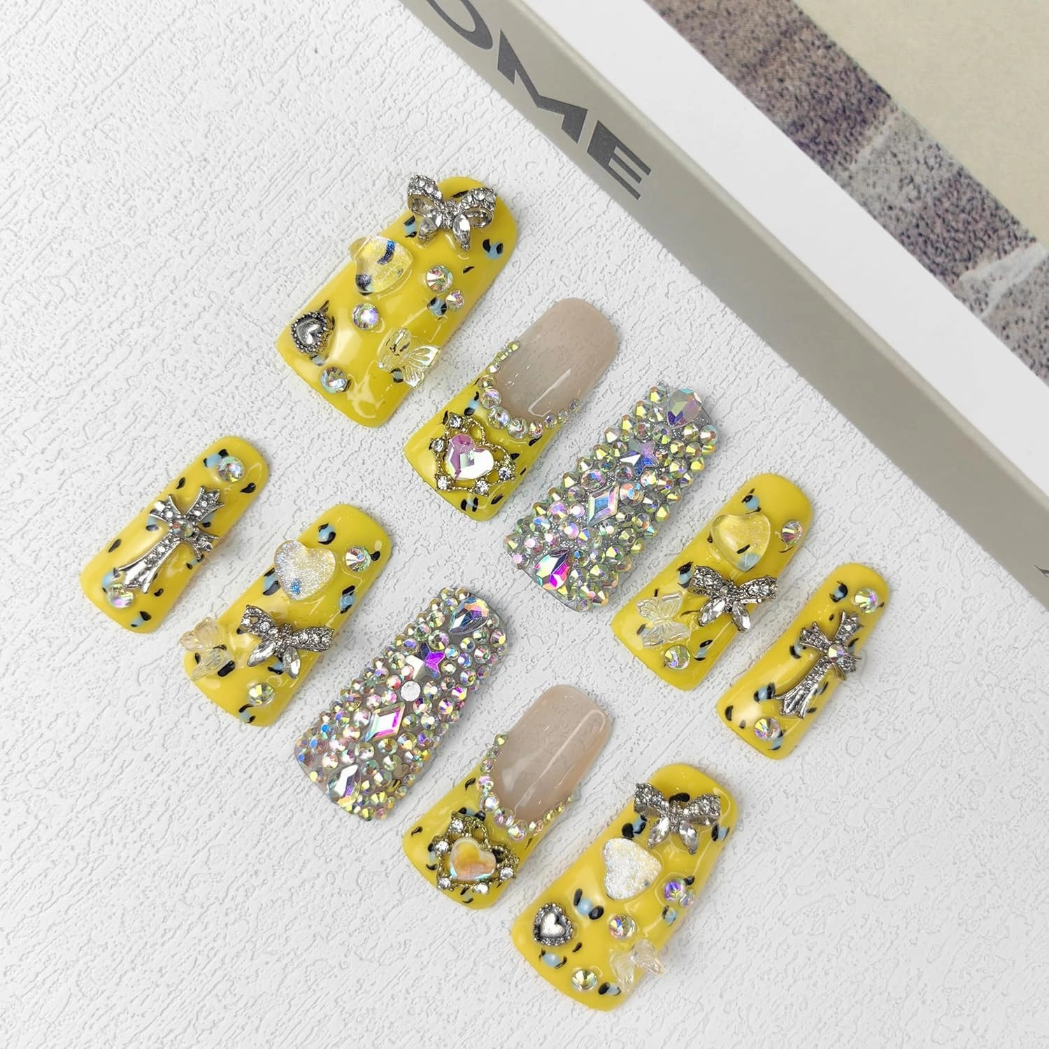 2025 Duck Nails Handmade PMMA Acrylic Medium Square Fake Nails with Rhinestones Love Star Design Reusable Full Coverage Duck Ladies Fake Nail (Yellow, M)