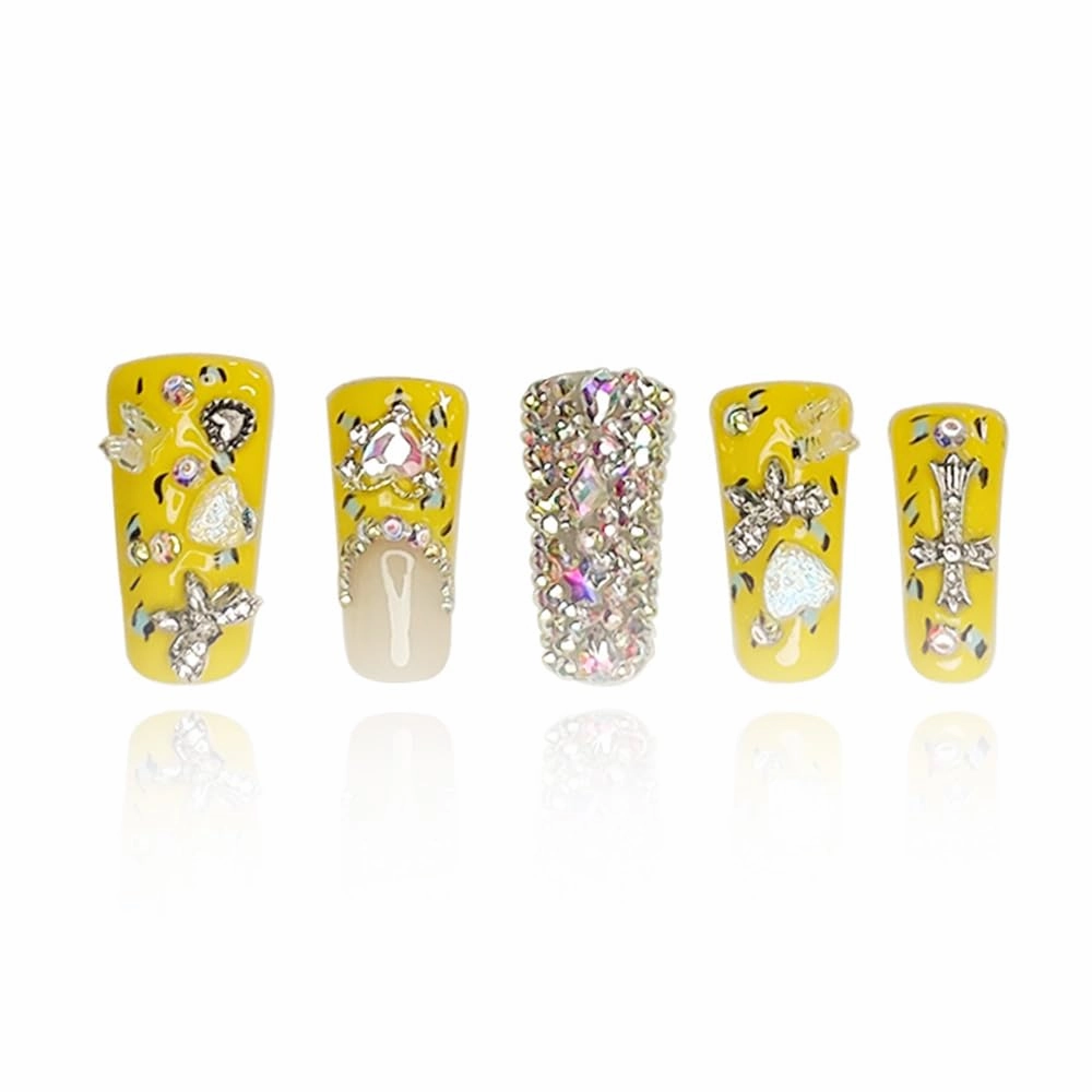 2025 Duck Nails Handmade PMMA Acrylic Medium Square Fake Nails with Rhinestones Love Star Design Reusable Full Coverage Duck Ladies Fake Nail (Yellow, M)