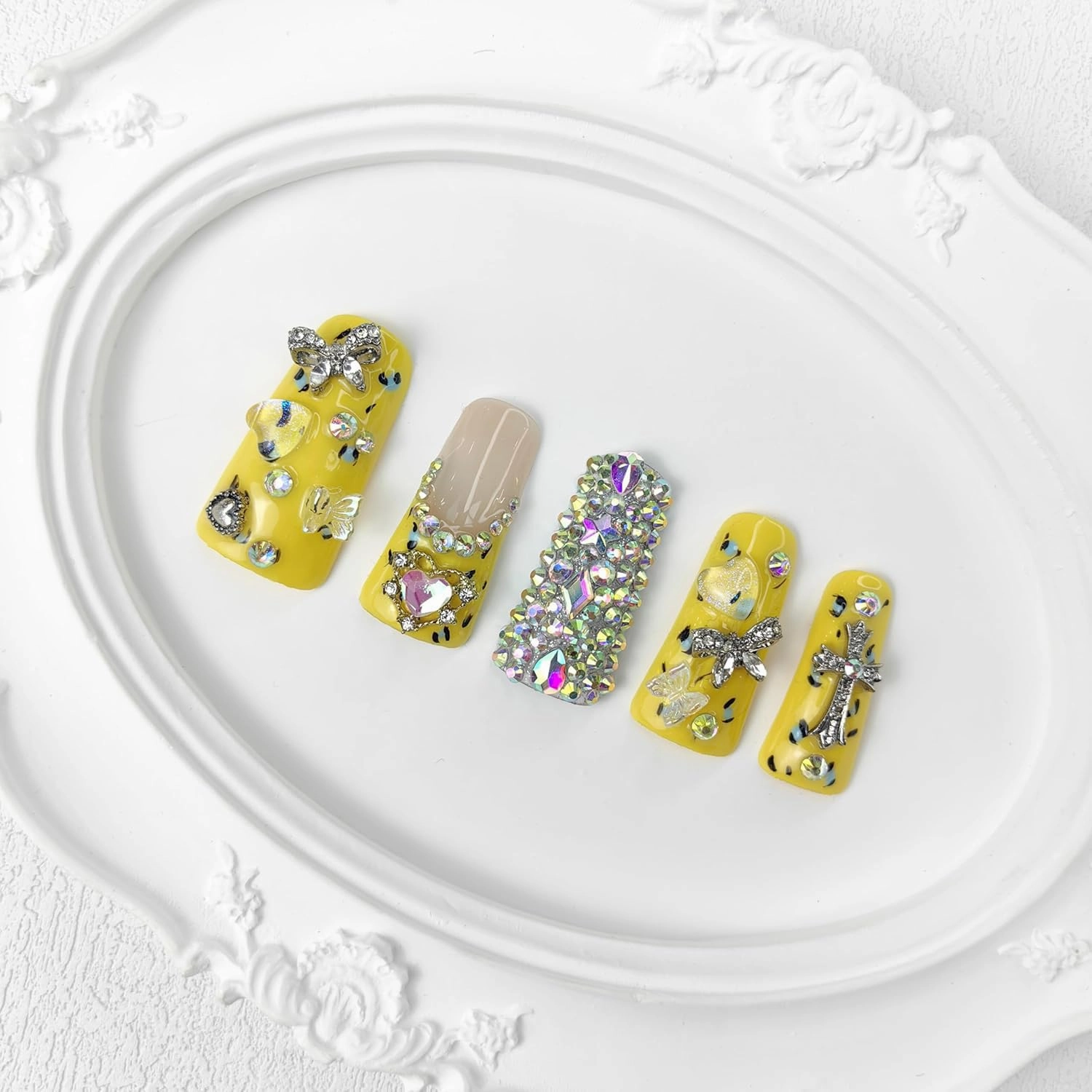 2025 Duck Nails Handmade PMMA Acrylic Medium Square Fake Nails with Rhinestones Love Star Design Reusable Full Coverage Duck Ladies Fake Nail (Yellow, M)