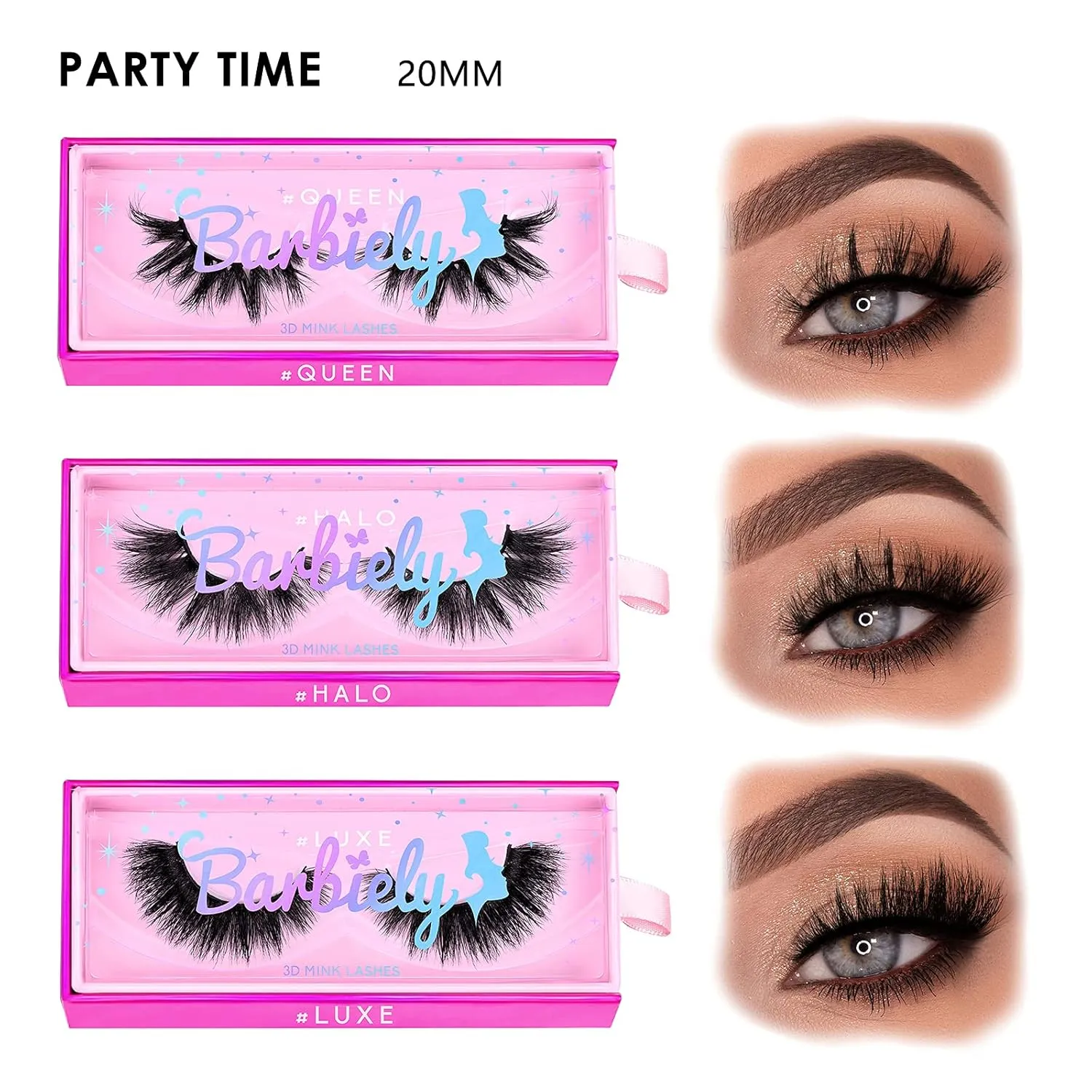 20mm Mink Lashes, 3D Real Mink Lashes, 3 Pairs Fluffy Dramatic False Eyelashes, 100% HandMade Mink Lshes, 6D Wispy Long Thick Full Volume Strip Eye Lashes, Cruelty Free (Party Time)
