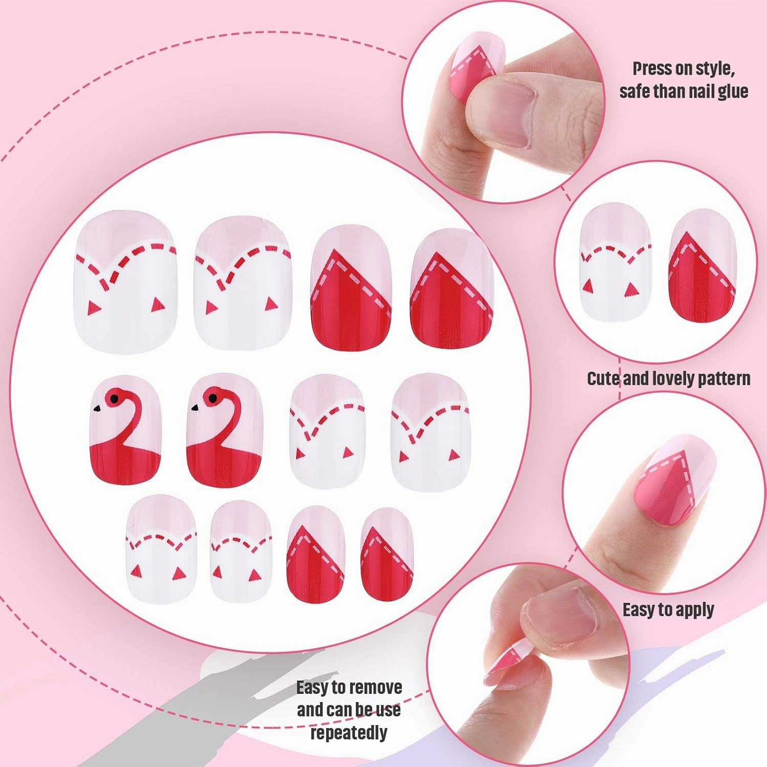 240 Pieces False Nails Kids Press on Short Artificial Fake Nails Cute Pre Glue Full Cover Acrylic Nail Tip Kit for Children Little Girls Nail Decoration, 10 Boxes (Pink Flower)