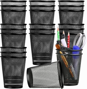 24 Pcs Pen Holder Mesh Pen Cup Bulk Metal Pencil Cup Holder for Desk Black Organizer Round Office Classroom for Back to School Students Kids Adult