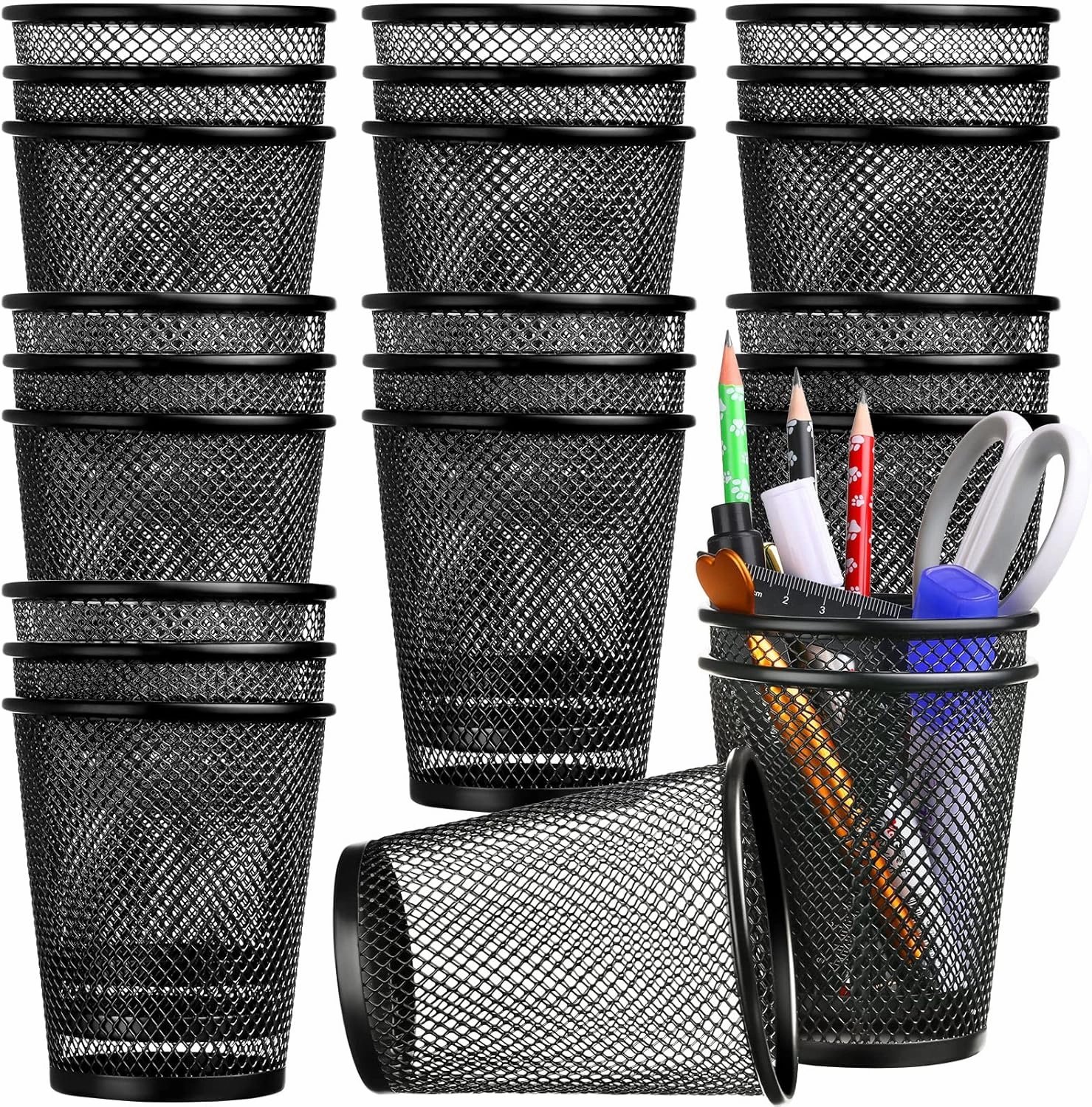 24 Pcs Pen Holder Mesh Pen Cup Bulk Metal Pencil Cup Holder for Desk Black Organizer Round Office Classroom for Back to School Students Kids Adult