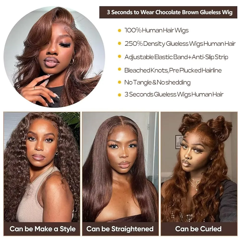 250% Density 5x5 HD Lace Closure Wigs Human Hair Glueless Wigs Human Hair Pre Plucked Pre Cut Chocolate Brown Body Wave Lace Front Wigs #4 Glueless Wigs 26 Inch