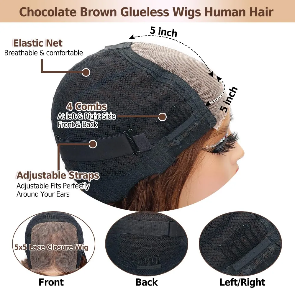 250% Density 5x5 HD Lace Closure Wigs Human Hair Glueless Wigs Human Hair Pre Plucked Pre Cut Chocolate Brown Body Wave Lace Front Wigs #4 Glueless Wigs 26 Inch