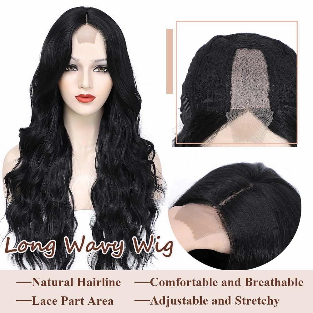 26 Inch Long Wavy Synthetic Lace Wig for Women Natural Looking Middle Part Black Wig for Daily Party Use Halloween Cosplay