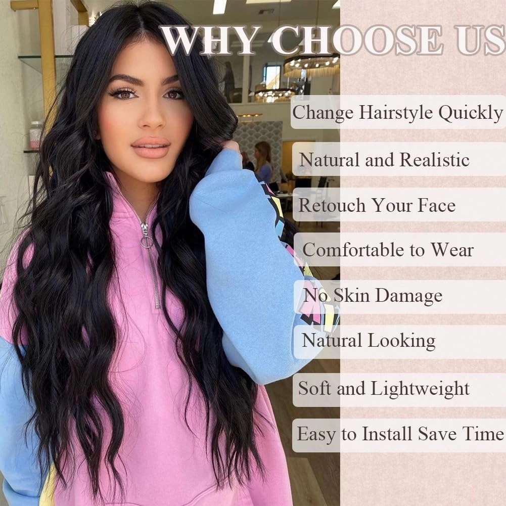26 Inch Long Wavy Synthetic Lace Wig for Women Natural Looking Middle Part Black Wig for Daily Party Use Halloween Cosplay