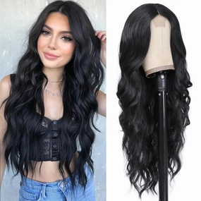 26 Inch Long Wavy Synthetic Lace Wig for Women Natural Looking Middle Part Black Wig for Daily Party Use Halloween Cosplay