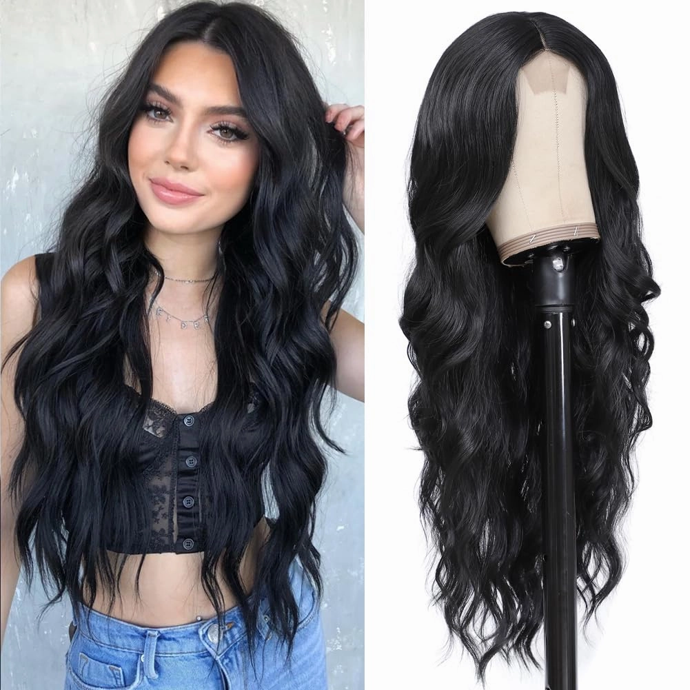 26 Inch Long Wavy Synthetic Lace Wig for Women Natural Looking Middle Part Black Wig for Daily Party Use Halloween Cosplay