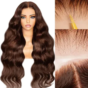26inch Brown Glueless Wigs Human Hair Wear And Go Brown Wig Human Hair Pre Plucked Pre Cut 200% Density 7x5 HD Closure Chocolate Brown Lace Front Wig #4 Colored Body Wave Wig