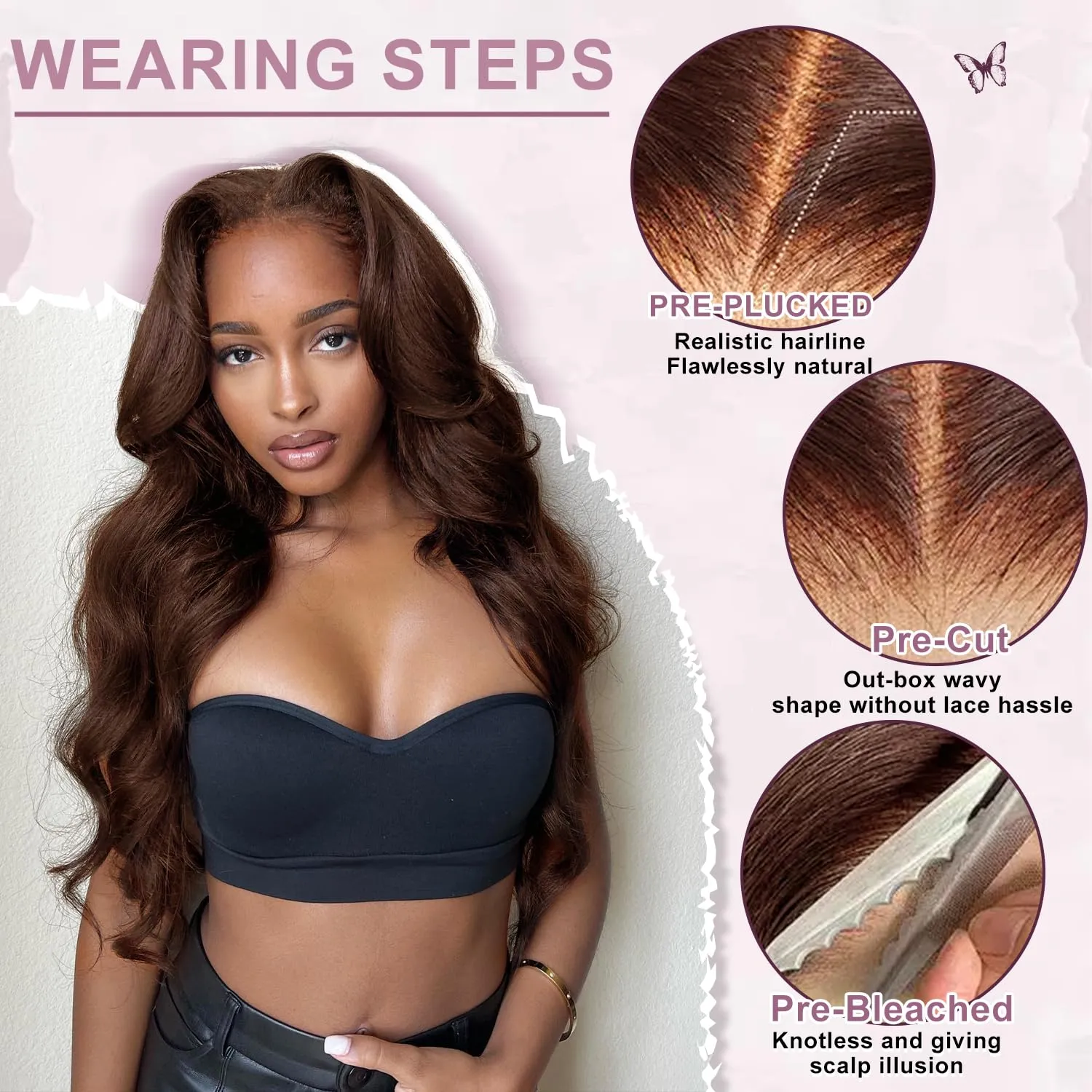 26inch Brown Glueless Wigs Human Hair Wear And Go Brown Wig Human Hair Pre Plucked Pre Cut 200% Density 7x5 HD Closure Chocolate Brown Lace Front Wig #4 Colored Body Wave Wig