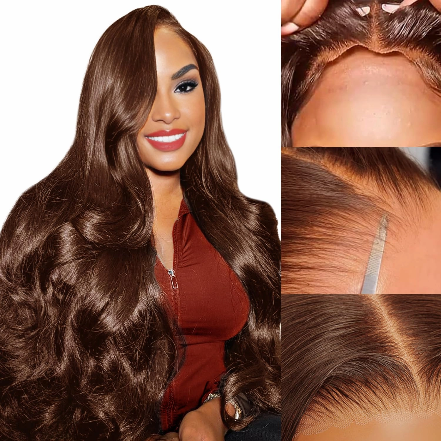 26Inch Chocolate Brown Glueless Wigs Human Hair Pre Plucked Pre Cut 7x5 Wear And Go Glueless Wig Brown Human Hair Wig 200% Density Dark Brown Lace Closure Wigs Human Hair #4 Colored Body Wave Lace Wig