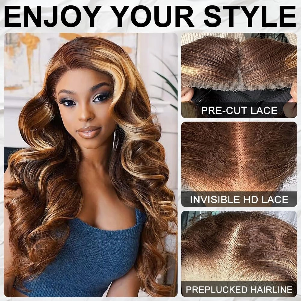 28In Ombre Lace Front Wig Human Hair 7x5 4/27 Highlight Wig Human Hair Pre Everything Highlight Body Wave Wigs 220% Density Balayage Glueless Wig Blonde Highlight Wig For Women Brown and Blonde Wigs