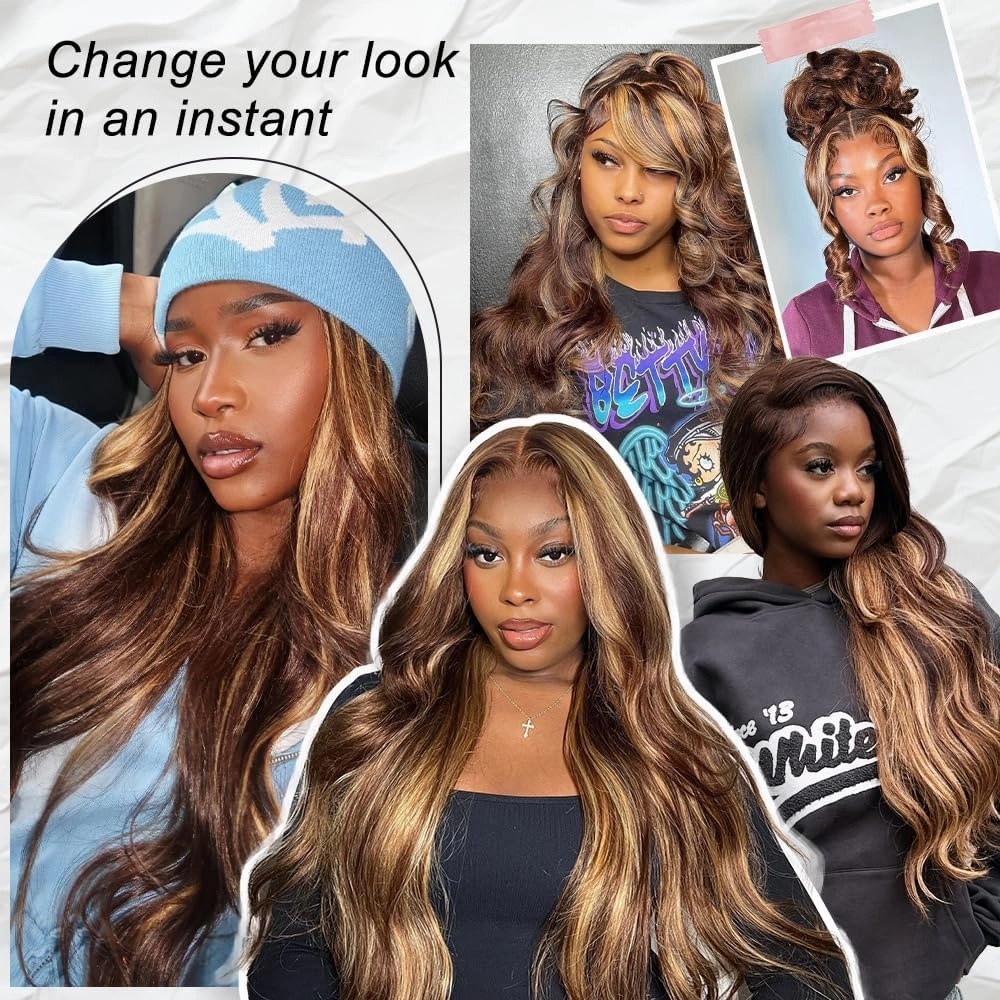 28In Ombre Lace Front Wig Human Hair 7x5 4/27 Highlight Wig Human Hair Pre Everything Highlight Body Wave Wigs 220% Density Balayage Glueless Wig Blonde Highlight Wig For Women Brown and Blonde Wigs