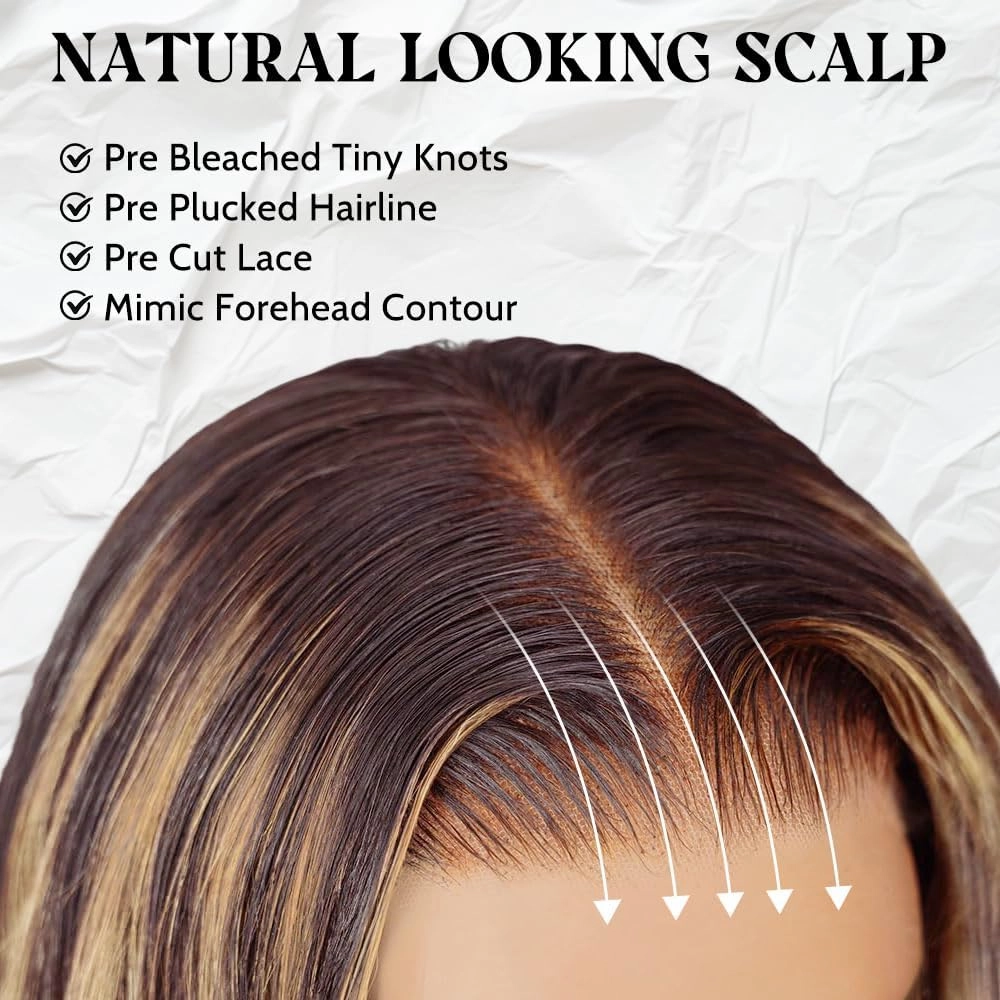 28In Ombre Lace Front Wig Human Hair 7x5 4/27 Highlight Wig Human Hair Pre Everything Highlight Body Wave Wigs 220% Density Balayage Glueless Wig Blonde Highlight Wig For Women Brown and Blonde Wigs